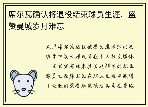 席尔瓦确认将退役结束球员生涯，盛赞曼城岁月难忘